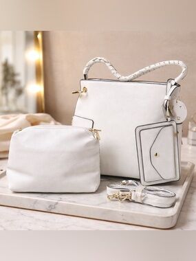 White Braided-Handle Shoulder Tote Bag Set with Wristlet and Card Sleeve